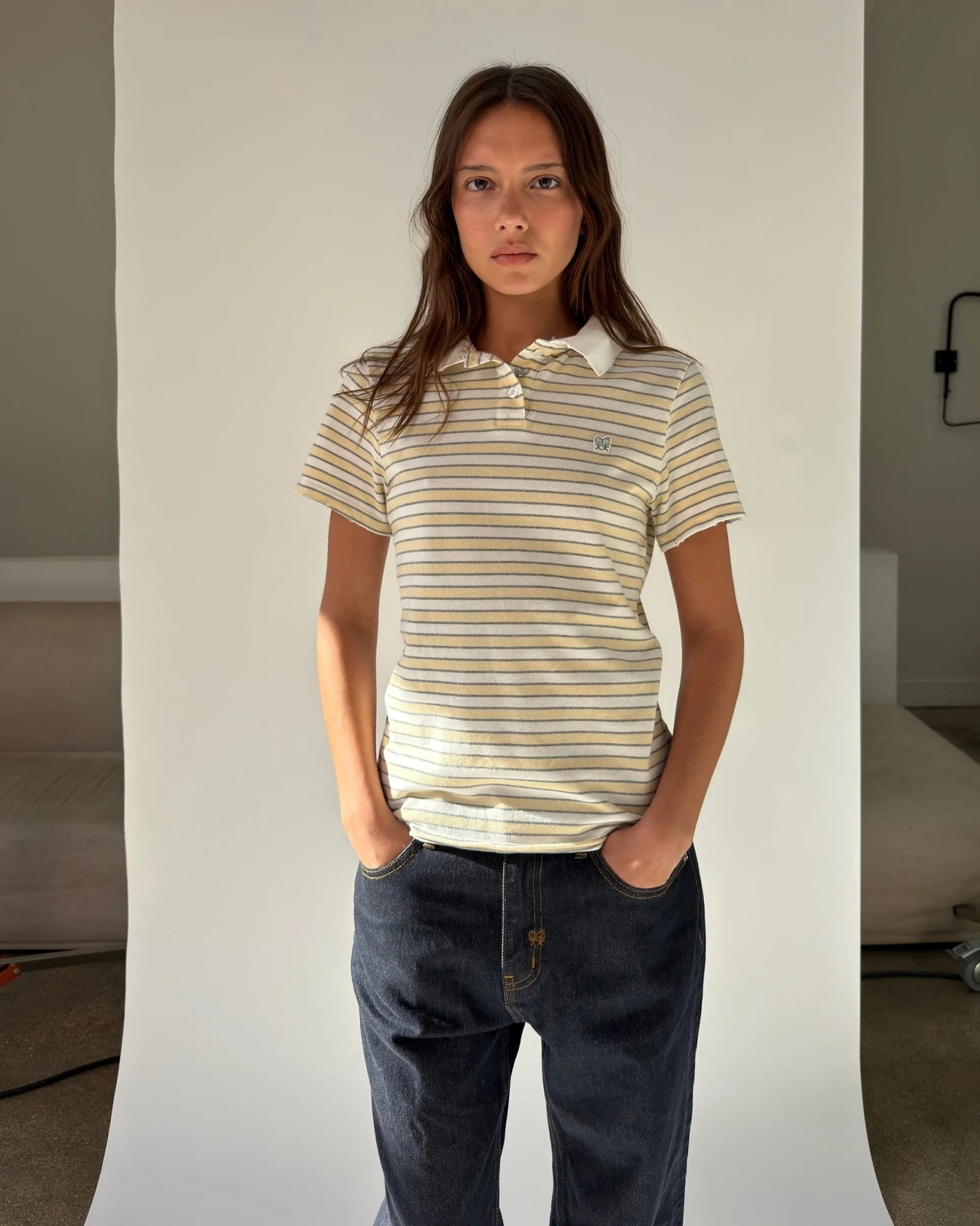 Kids Logo Fitted Polo Shirt in Yellow and Grey Stripes