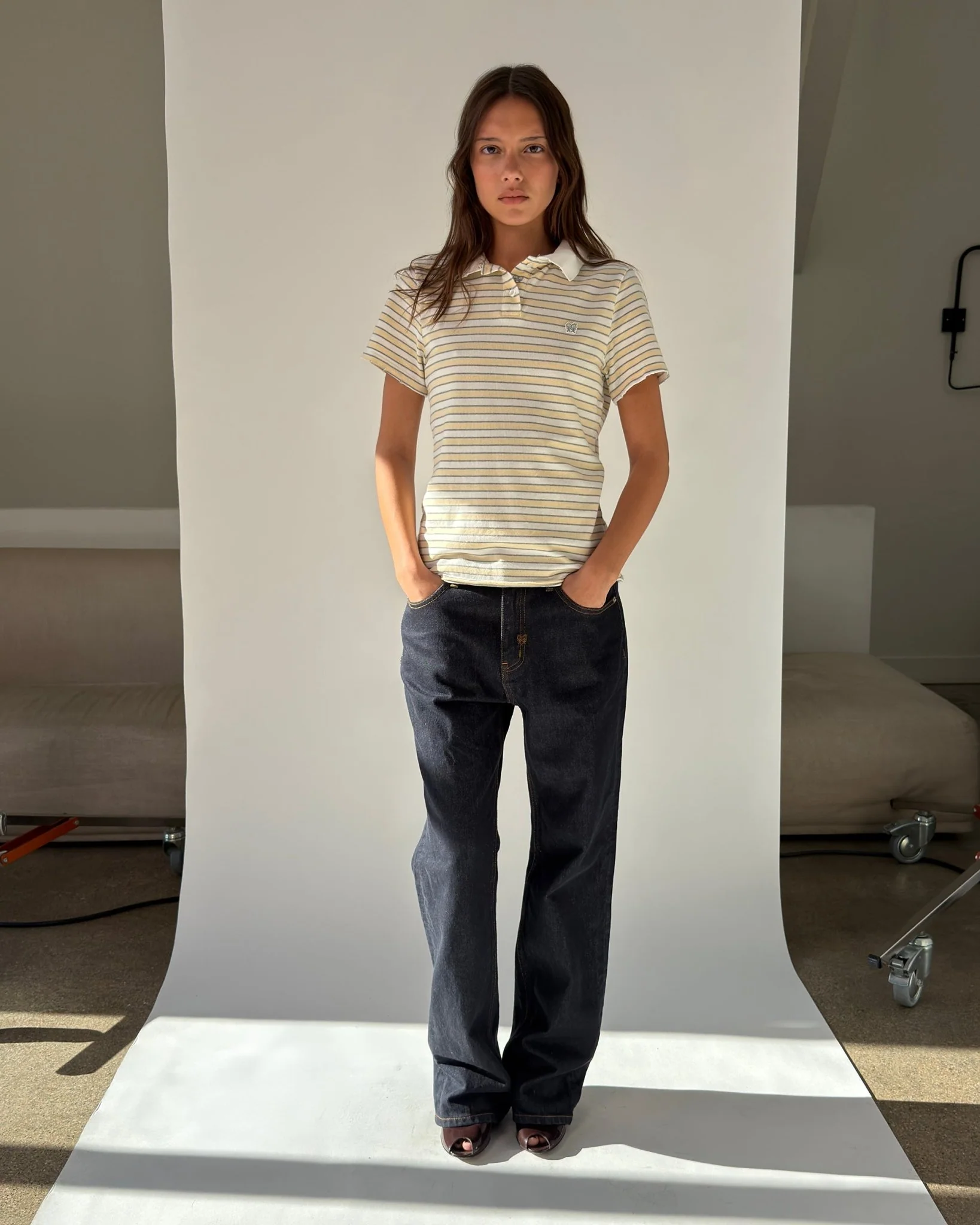 Kids Logo Fitted Polo Shirt in Yellow and Grey Stripes - Image 3